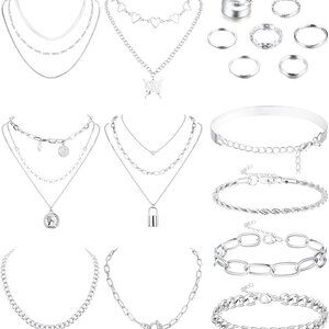 Gold Jewelry Sets for Women Gold Layered Necklaces Chunky Bracelets Knuckle Ring